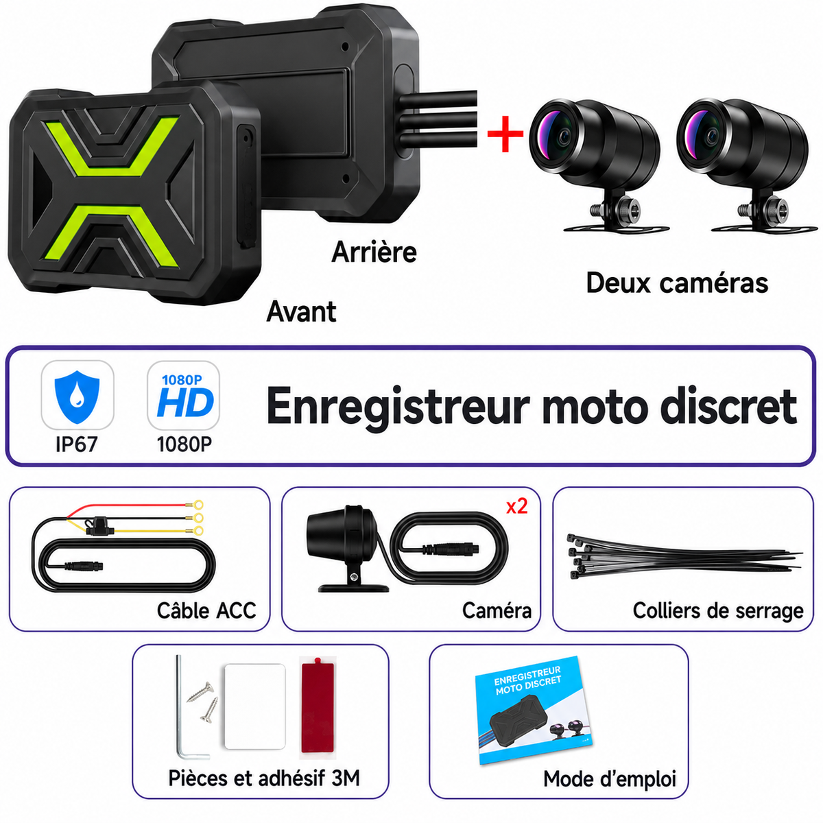 Dashcam moto 1080P avant arrière WiFi étanche