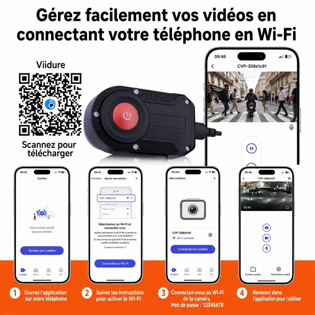 Dashcam moto 2K WiFi étanche grand angle 170 degrés