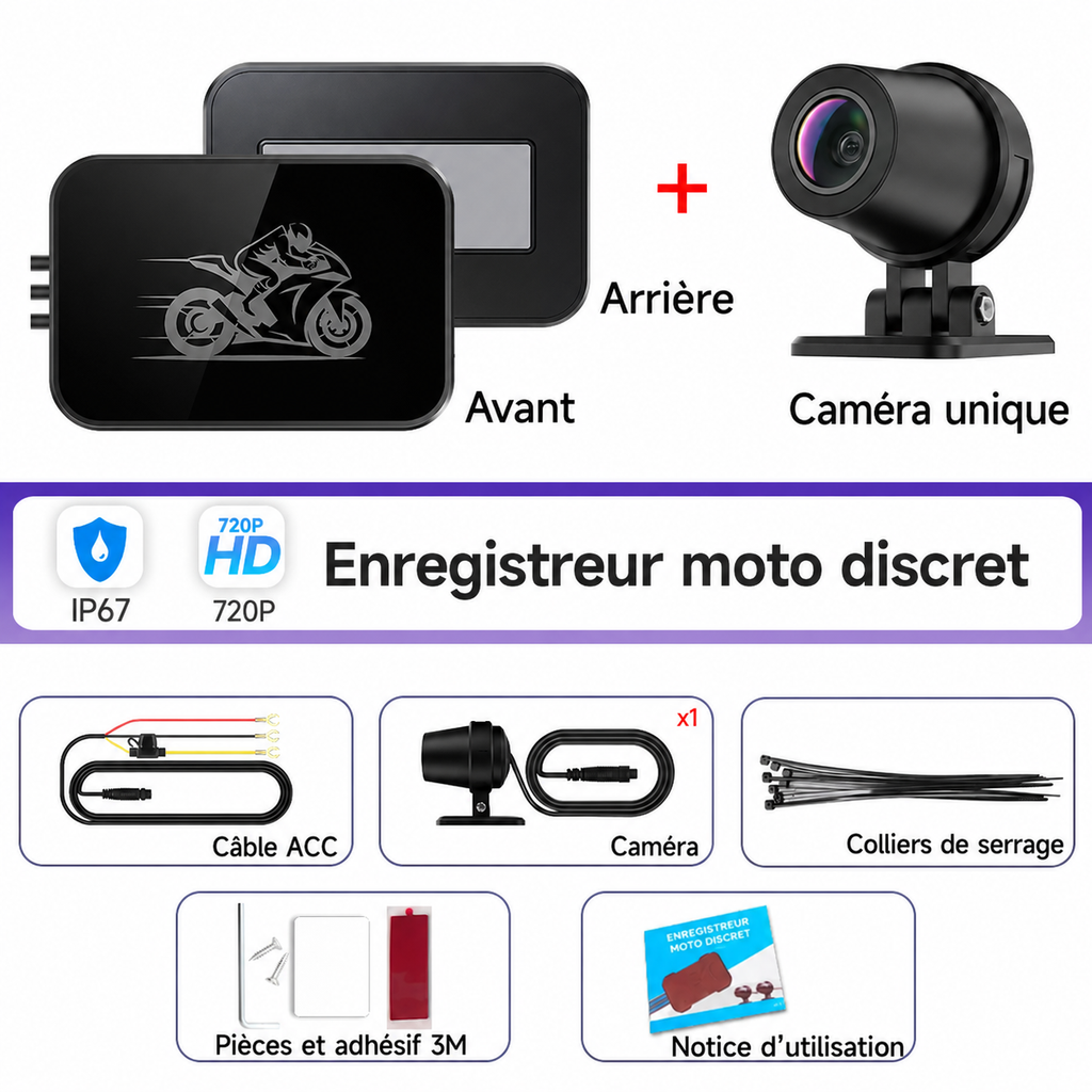 Dashcam moto 720P avant arrière WiFi vision nocturne.