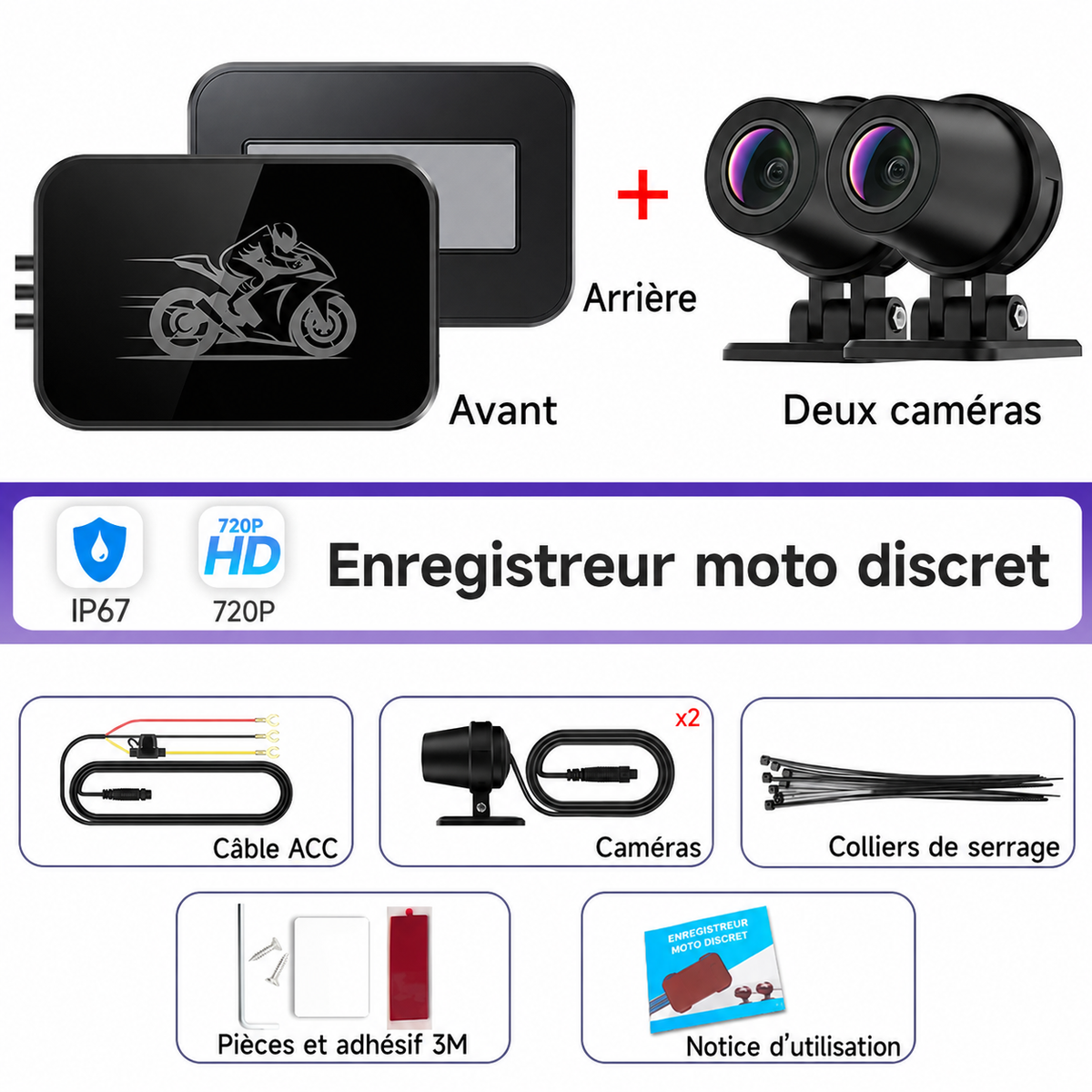 Dashcam moto 720P avant arrière WiFi vision nocturne.