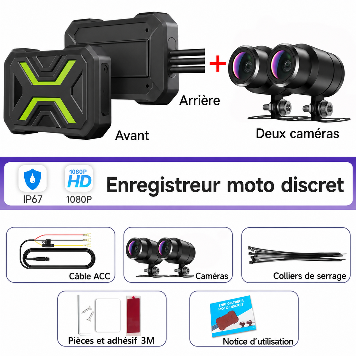 Dashcam moto 720P avant arrière WiFi vision nocturne.