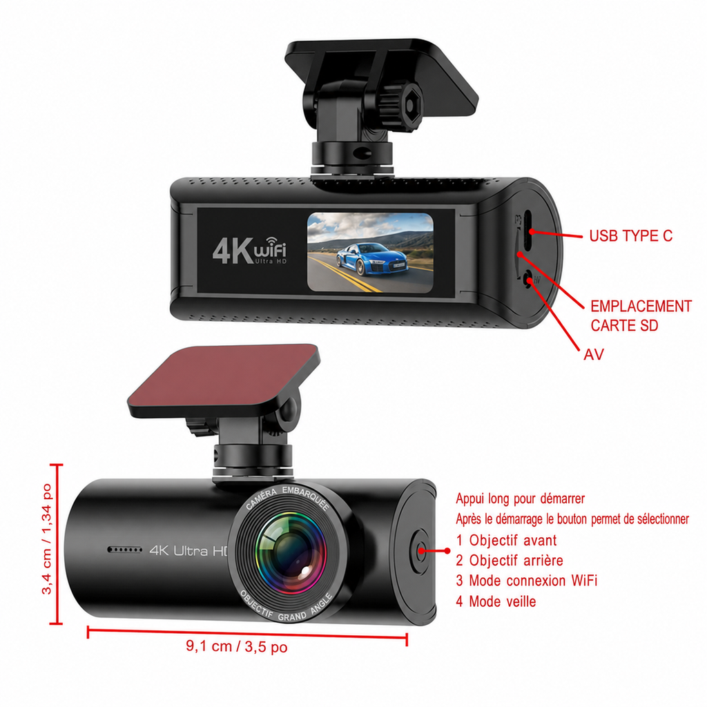 Dashcam 4K avant arrière WiFi GPS vision nocturne WDR