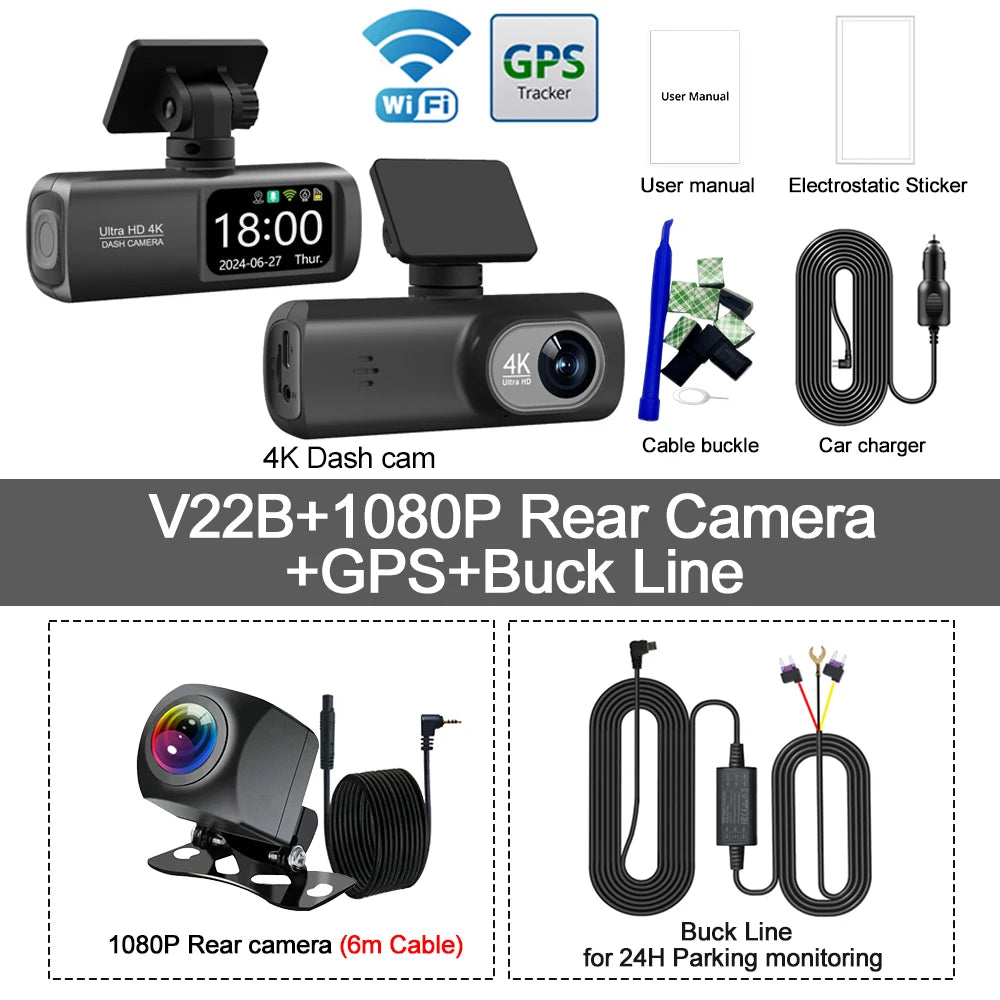 Dashcam 4K WiFi avant arrière GPS mode parking 24H