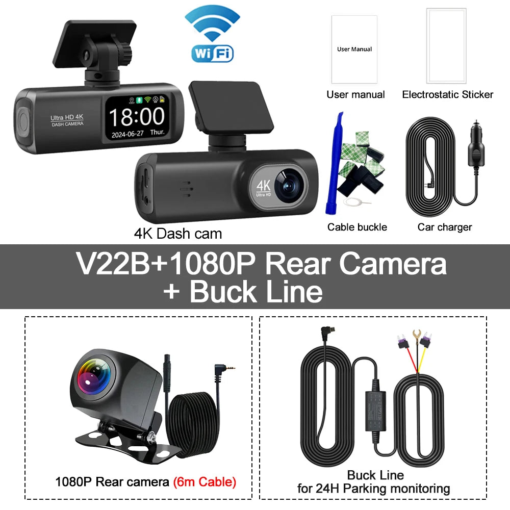 Dashcam 4K WiFi avant arrière GPS mode parking 24H