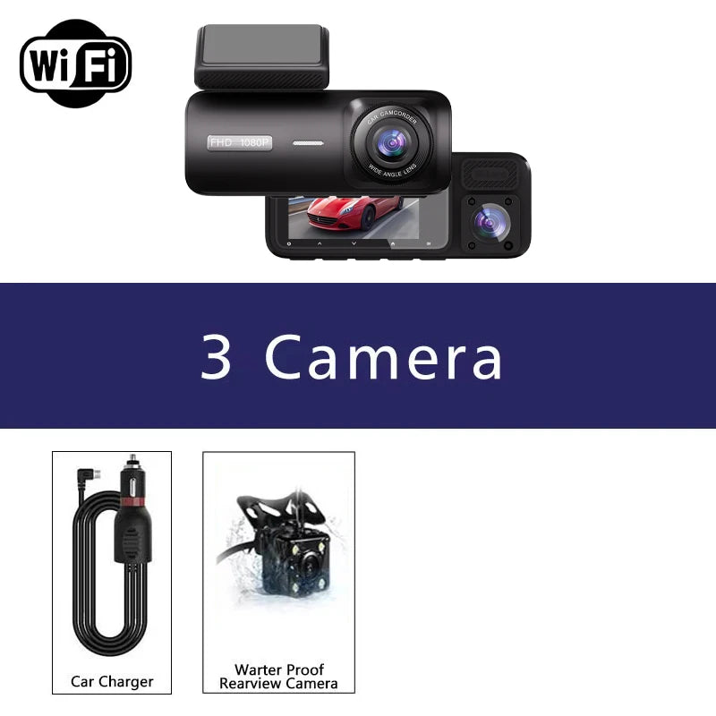 Dashcam WiFi 3 canaux Full HD avec caméra intérieure