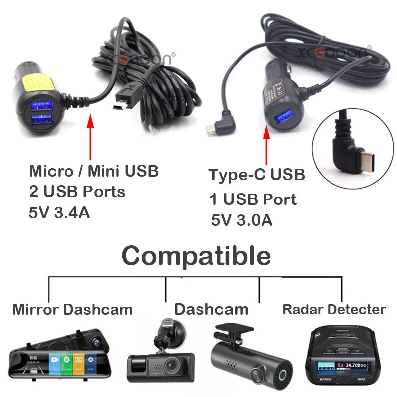 Chargeur dashcam Mini USB Micro USB Type C 12V 24V