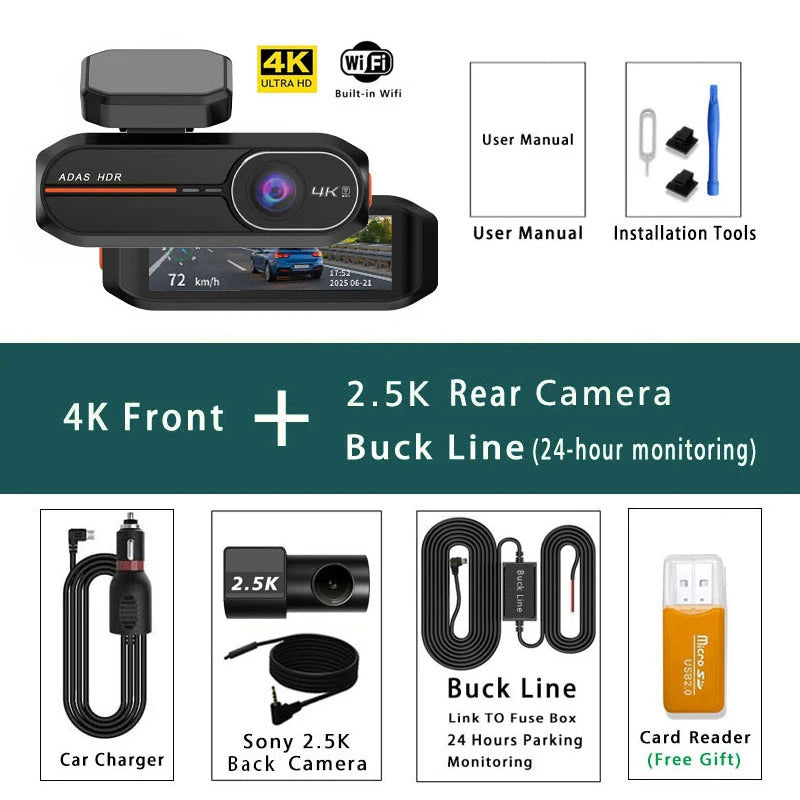 Dashcam 4K avant arrière WiFi GPS ADAS vision nocturne