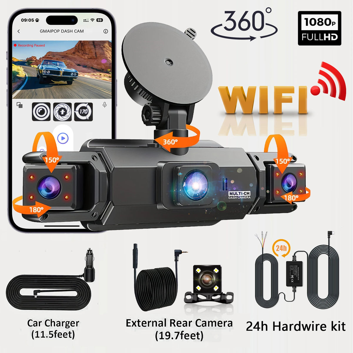 Dashcam 1080P quatre caméras WiFi vision nocturne voiture