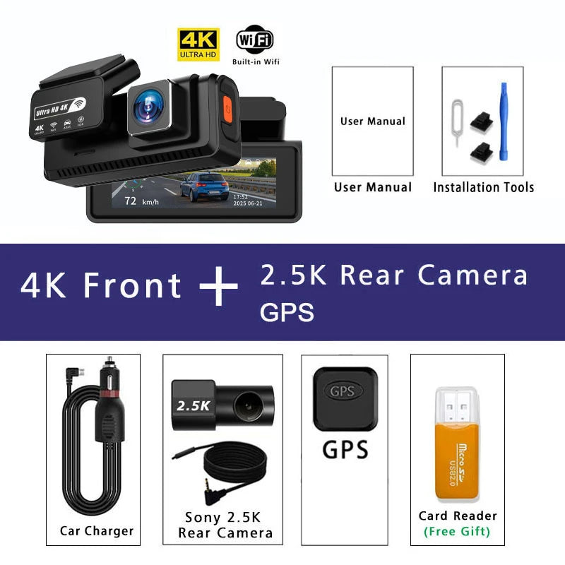 Dashcam 4K avant arrière WiFi GPS ADAS mode parking 24H