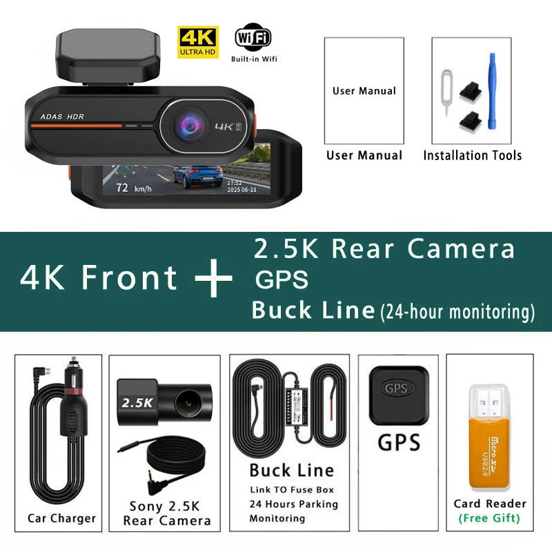 Dashcam 4K avant arrière WiFi GPS ADAS vision nocturne