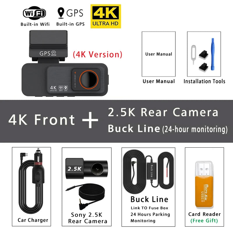 Dashcam 4K avant arrière WiFi GPS vision nocturne voiture