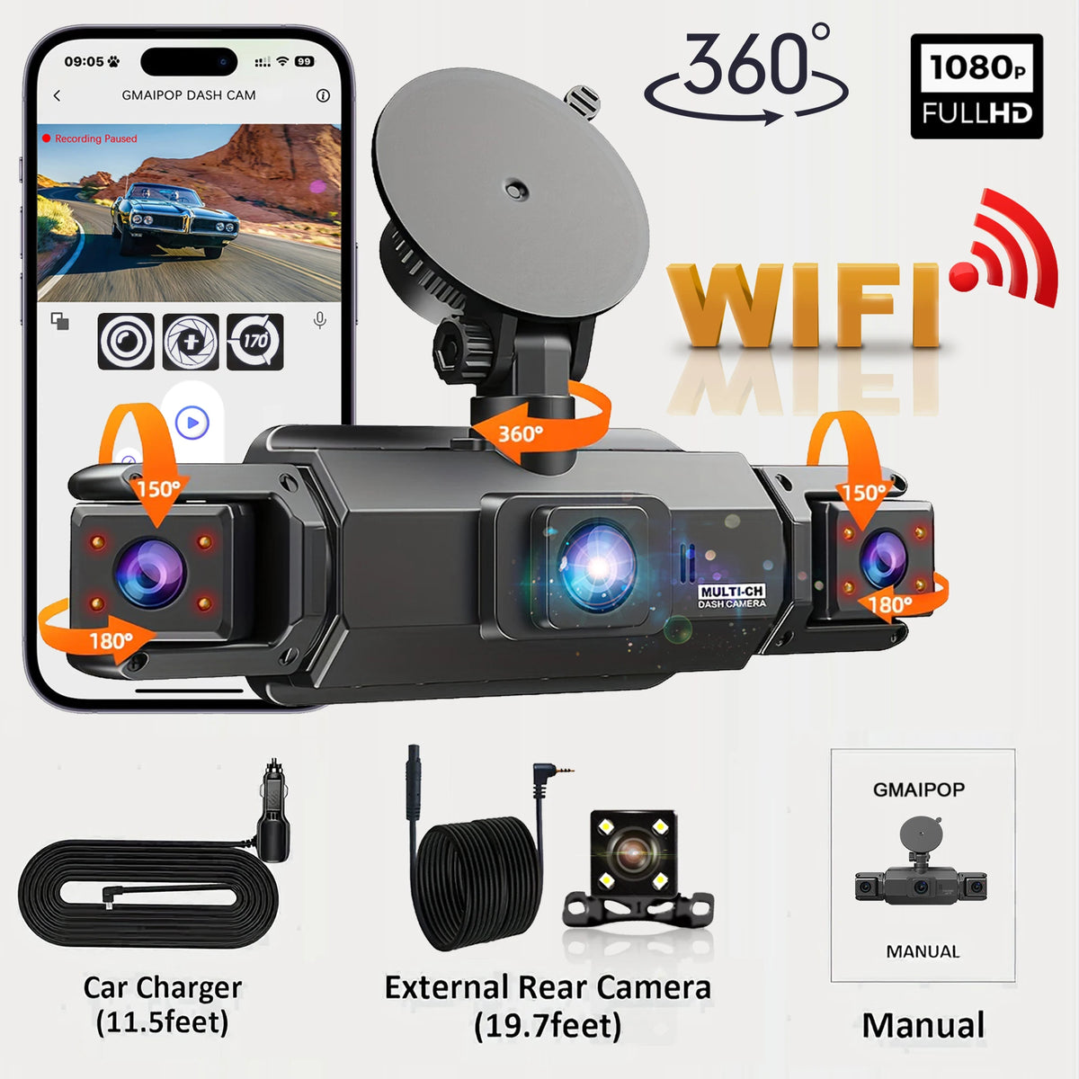 Dashcam 1080P quatre caméras WiFi vision nocturne voiture