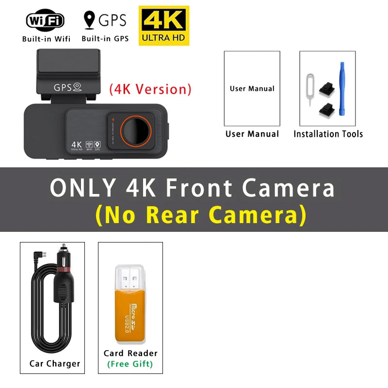 Dashcam 4K avant arrière WiFi GPS vision nocturne voiture