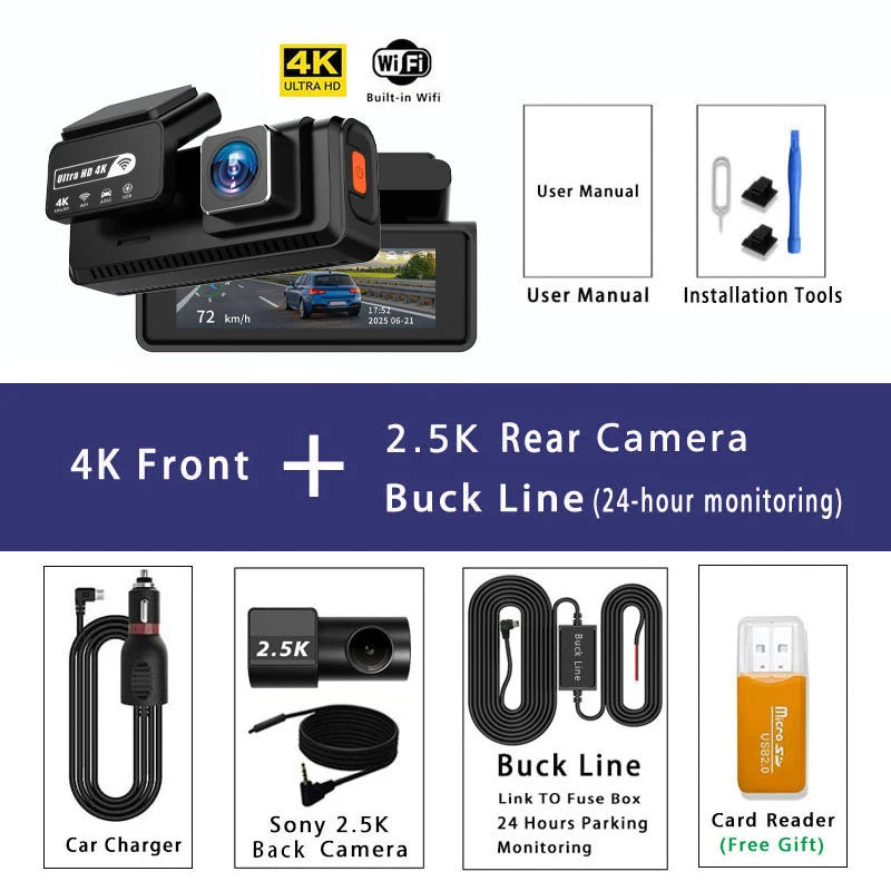Dashcam 4K avant arrière WiFi GPS ADAS mode parking 24H