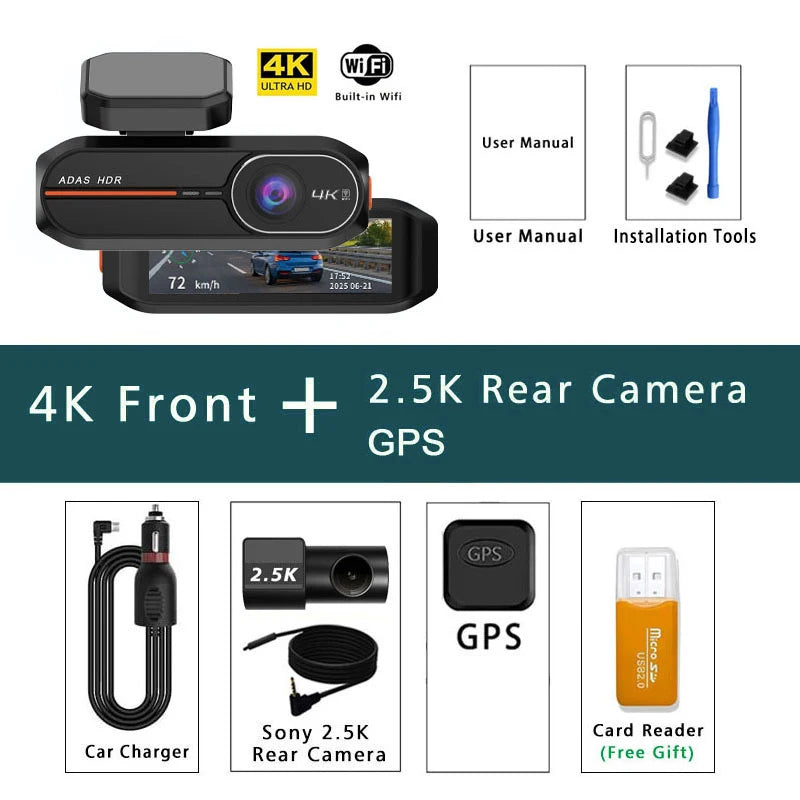 Dashcam 4K avant arrière WiFi GPS ADAS vision nocturne