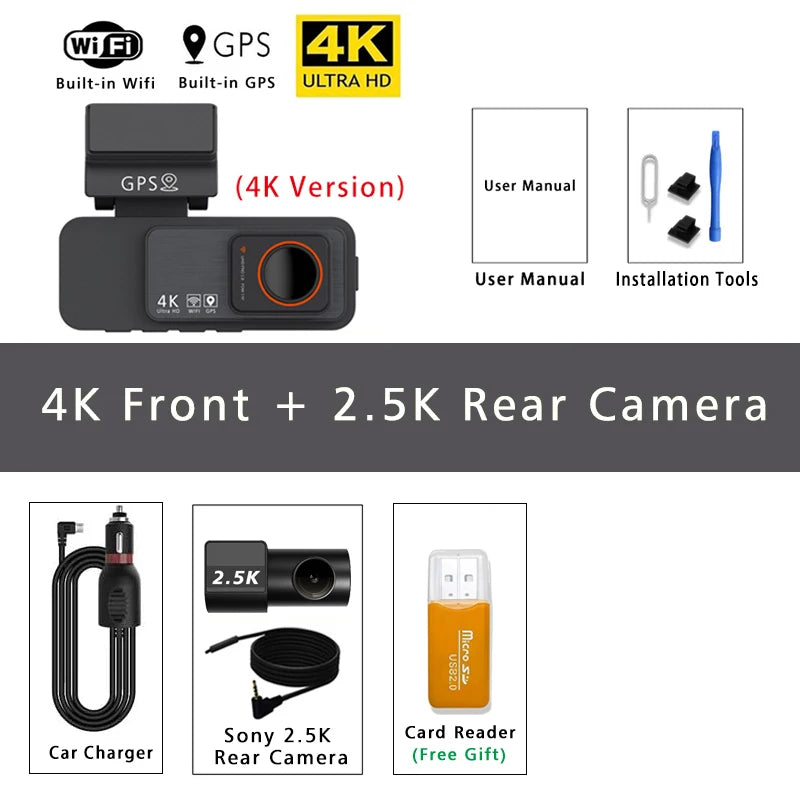 Dashcam 4K avant arrière WiFi GPS vision nocturne voiture