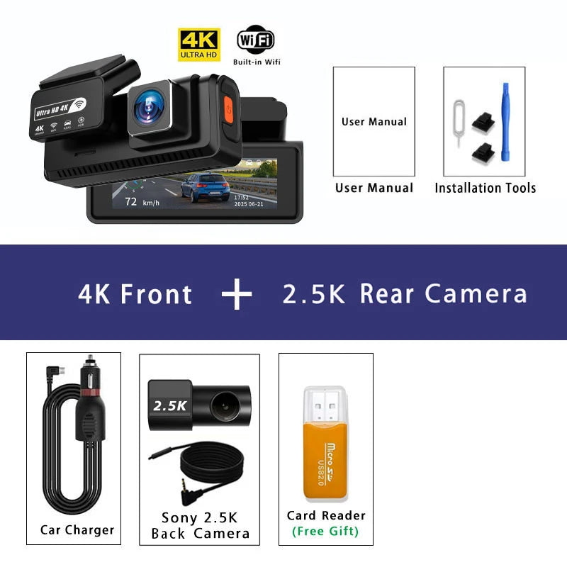 Dashcam 4K avant arrière WiFi GPS ADAS mode parking 24H