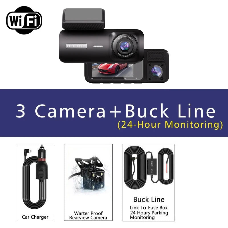 Dashcam WiFi 3 canaux Full HD avec caméra intérieure