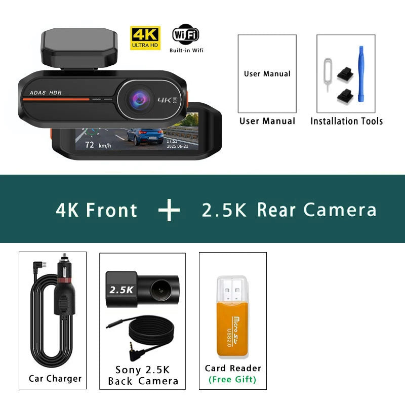 Dashcam 4K avant arrière WiFi GPS ADAS vision nocturne