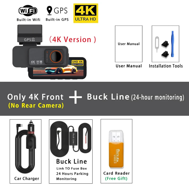 Dashcam 4K avant arrière WiFi GPS vision nocturne voiture